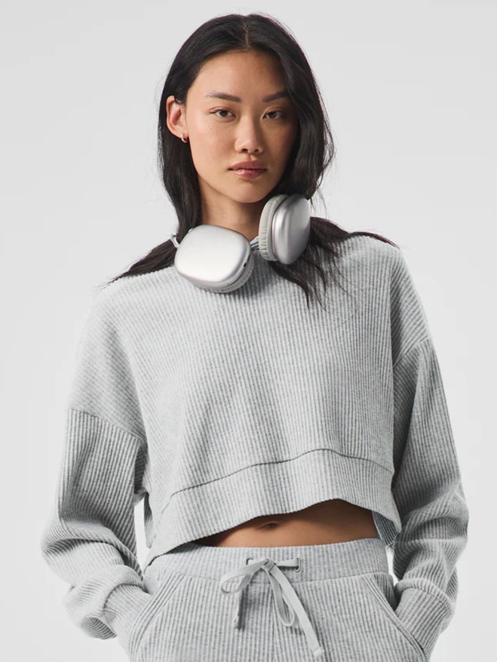 Alo Muse Hoodie Grey Medium Cropped Ribbed Crewneck Sweater